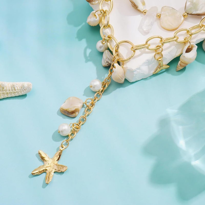 Bocar قلادة تشوكر ببيان من قوقعة البحر للنساء، قلادة شاطئية سميكة من قواقع المياه العذبة ونجمة البحر وخرز اللؤلؤ - Image 4